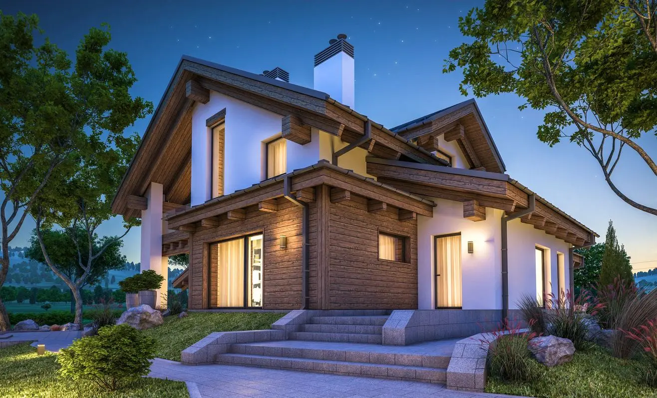 Modern house with wooden accents at dusk.