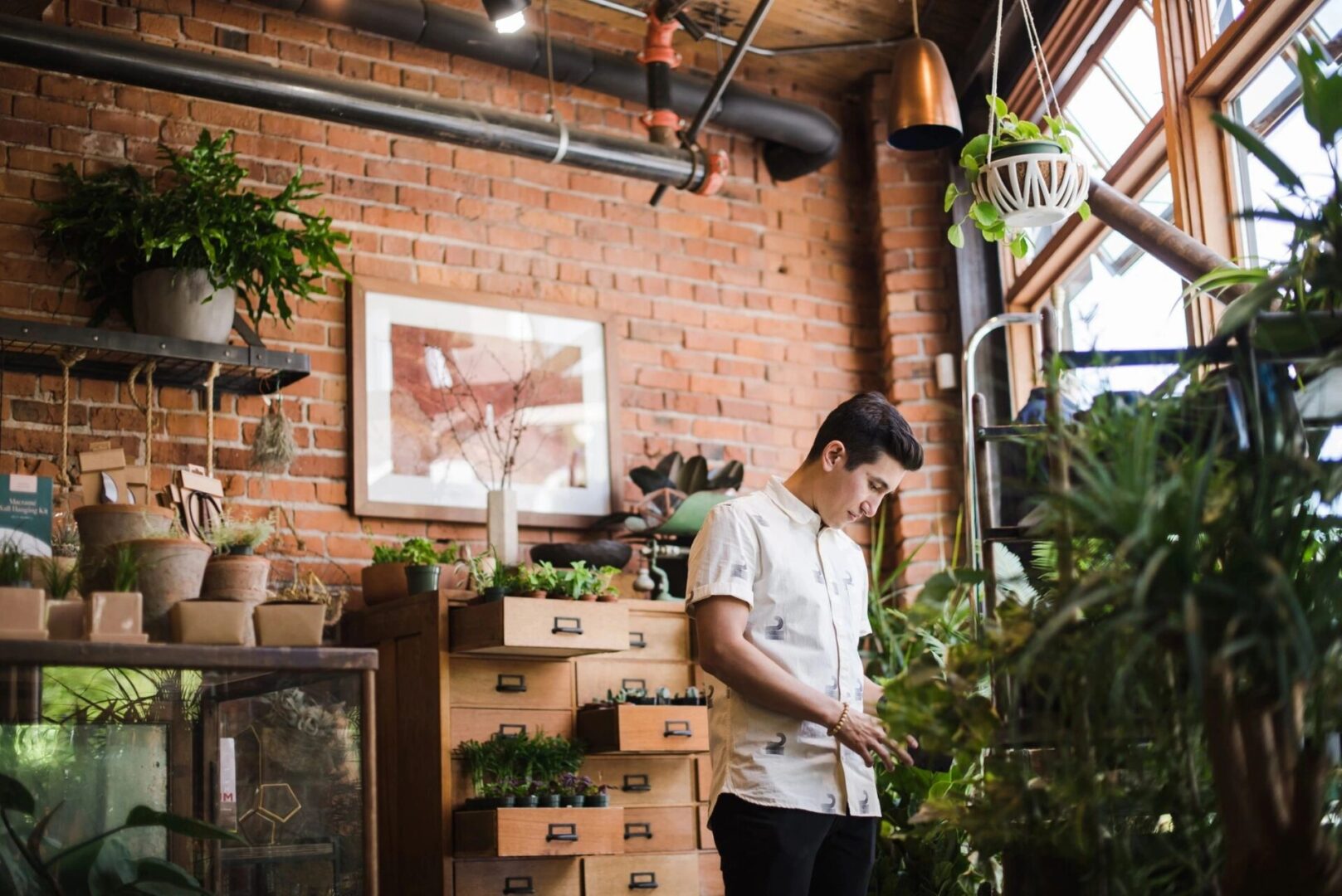 Man looking at plants in a shop.